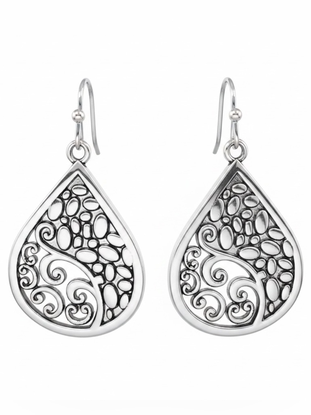 Silver Teardrop Filigree Earrings Openwork Dangle 1.45in